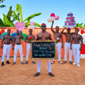 Pink Wall African Greeting Video team holding a personalized birthday sign and celebrating with music and dance