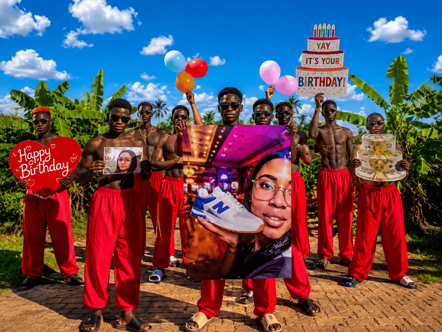 Red Vibes Team holding an oversized photo while delivering a personalized video greeting with custom message, music, and celebration theme.