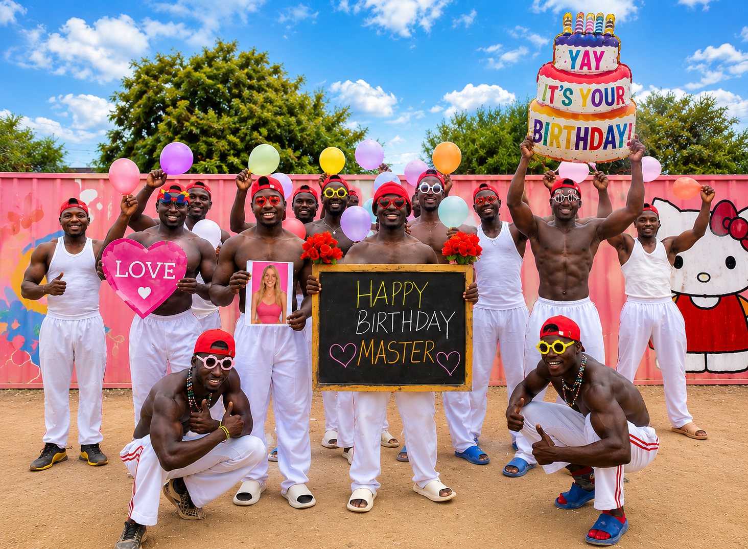 Pink Wall Team performing a personalized African Birthday Video with custom name, birthday message, photo display, HD quality, and worldwide delivery.