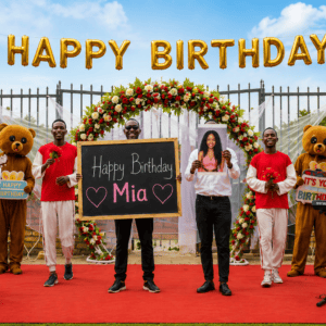Band Team performing a personalized Happy Birthday From Africa video for Mia with custom photo, birthday sign, HD quality, and worldwide delivery.
