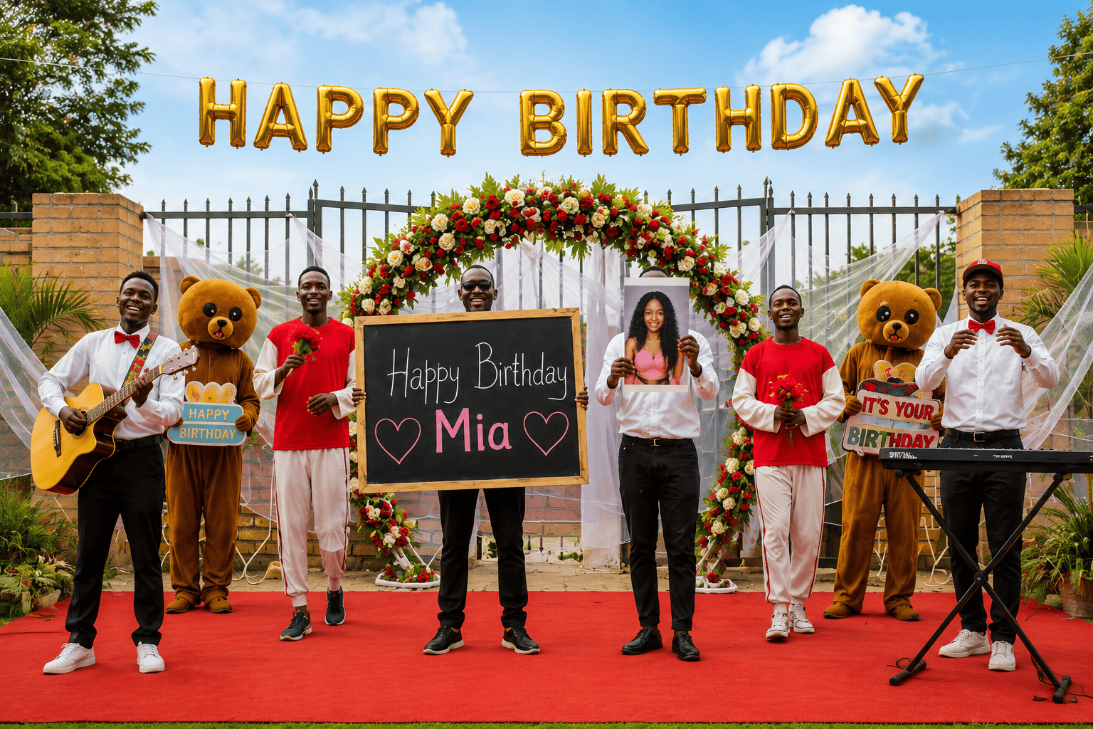 Band Team performing a personalized Happy Birthday From Africa video for Mia with custom photo, birthday sign, HD quality, and worldwide delivery.