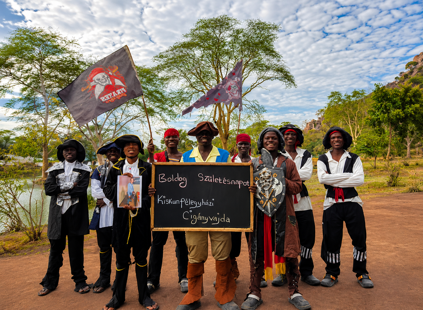 Pirate Crew Team performing an African Men Singing Happy Birthday video with custom name, photo, personalized message, and worldwide HD delivery.