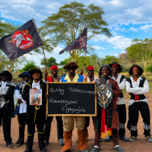 Pirate Crew Team performing an African Men Singing Happy Birthday video in pirate costumes with custom name, photo, personalized message, and HD worldwide delivery.