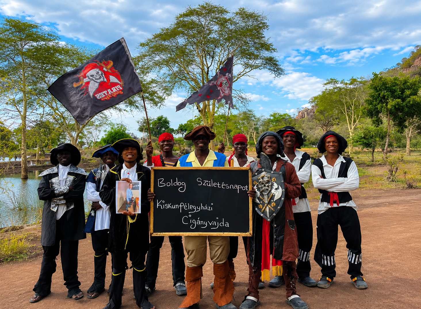 Pirate Crew Team performing an African Men Singing Happy Birthday video in pirate costumes with custom name, photo, personalized message, and HD worldwide delivery.
