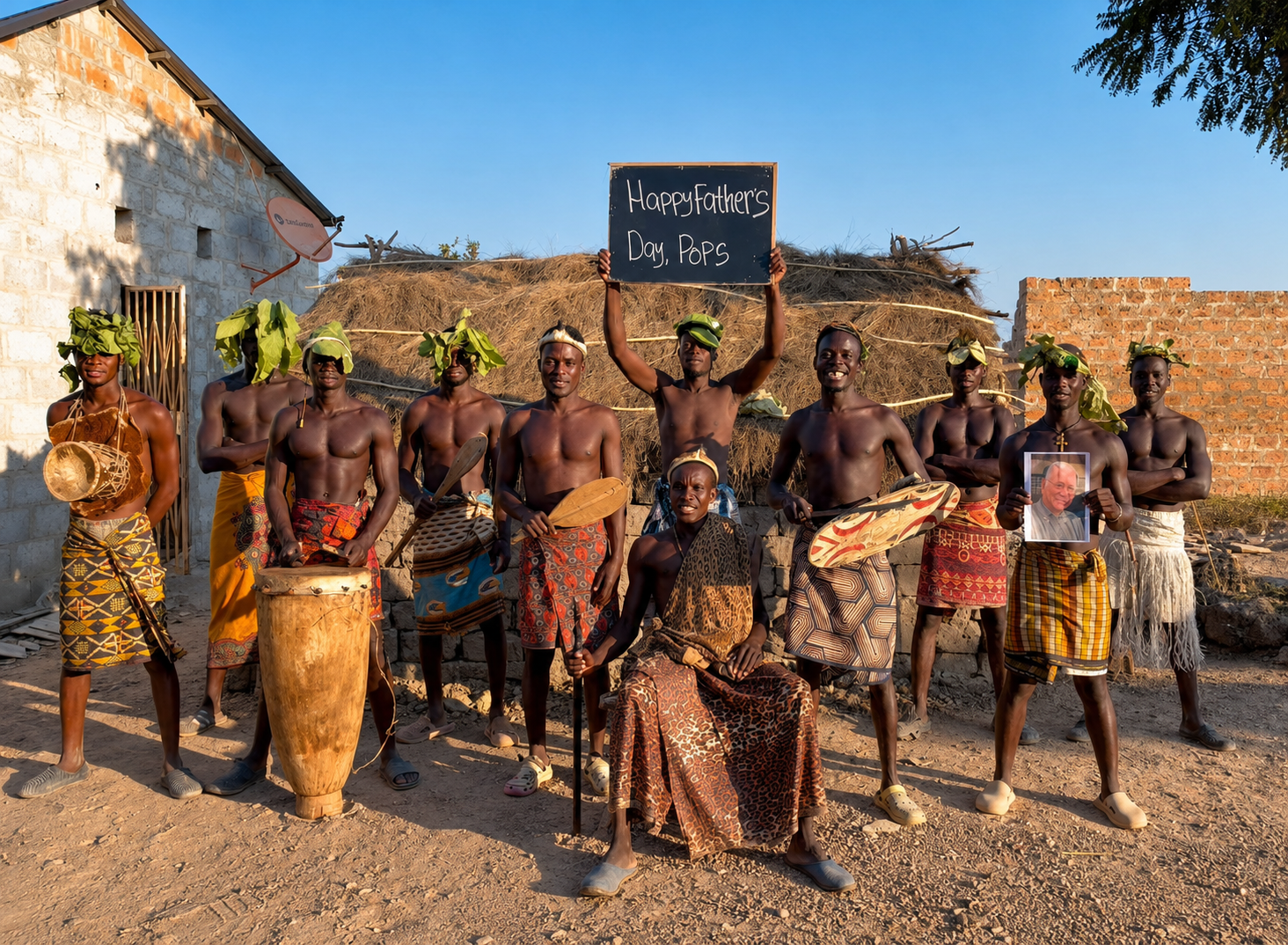 African Tribal Drummers Team performing a personalized Wishes From Africa video greeting with drums, traditional attire, custom message board, and recipient photo.