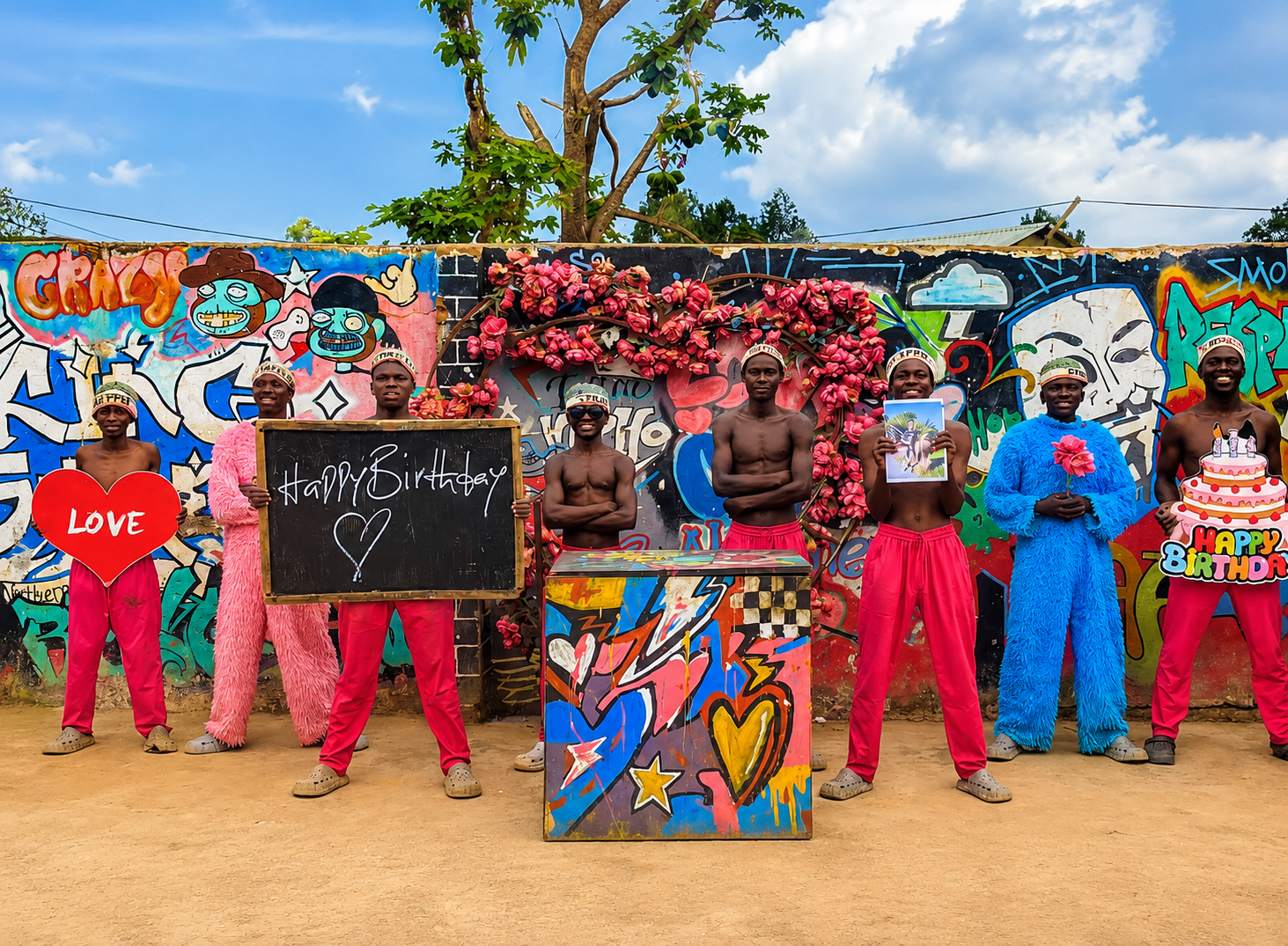 Pink Panther Team performing a personalized Gift Africa video message with a custom message board, optional photo, and vibrant celebration.